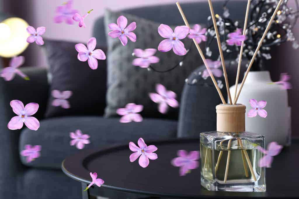 pretty purple flowers with reed diffuser