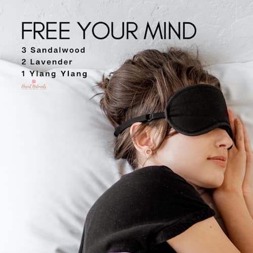 woman sleeping with eye mask and text for essential oil sleep diffuser blend