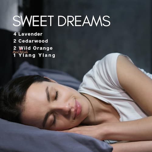 woman sleeping with text for a sleep essential oil diffuser blend