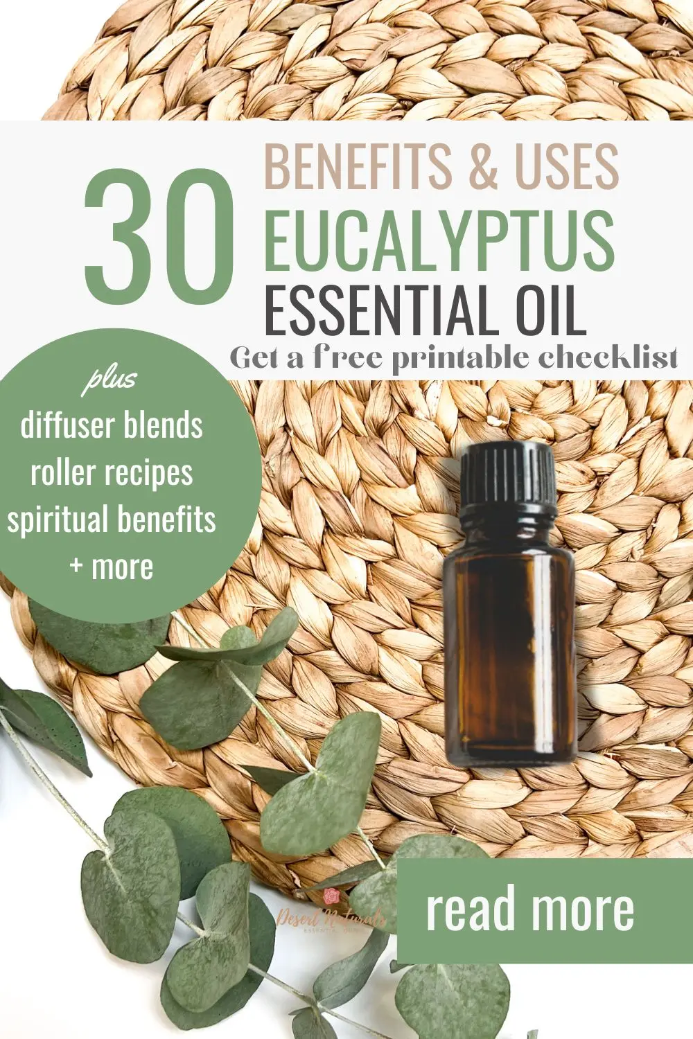 text benefits & uses of eucalyptus essential oil with a spring of eucalyptus and bottle of essential oil
