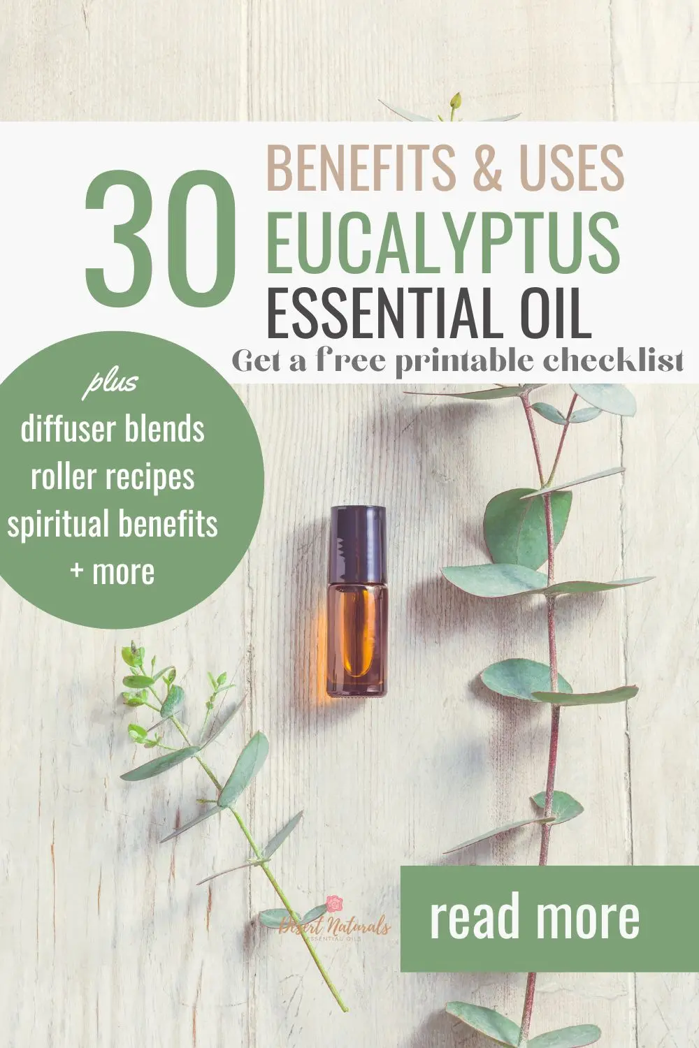 sprigs of eucalyptus and a bottle of essential oil plus text: benefits & uses for eucalyptus essential oil