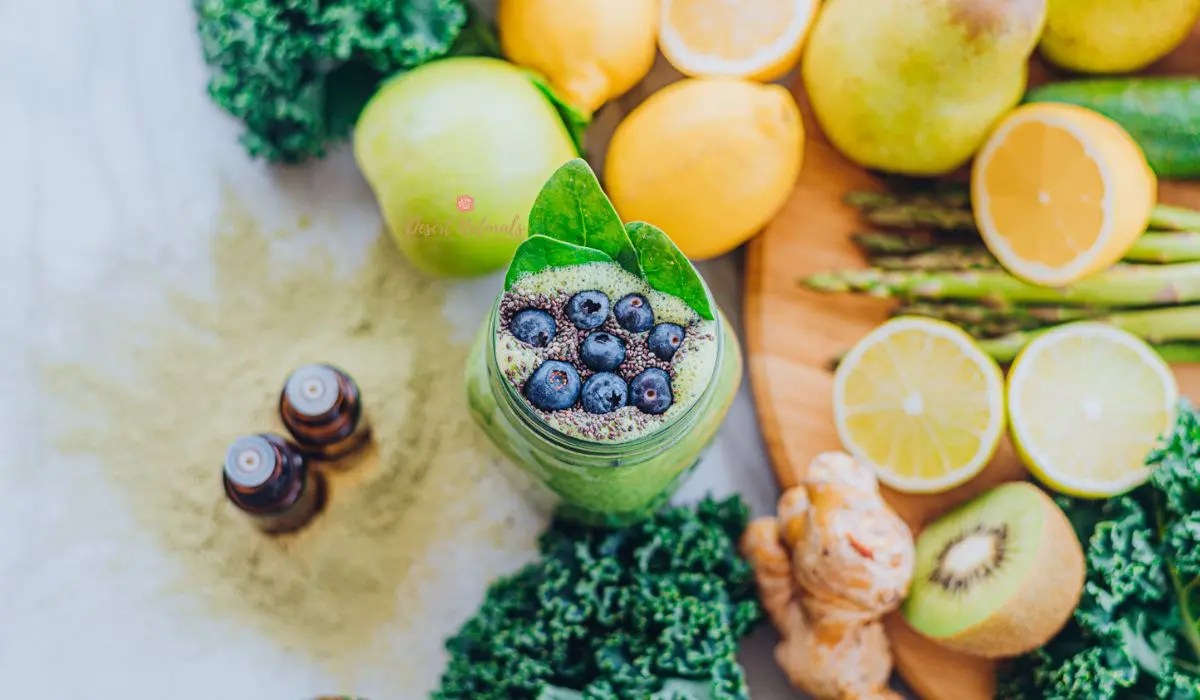 healthy shamrock shake with vegetables and peppermint essential oil