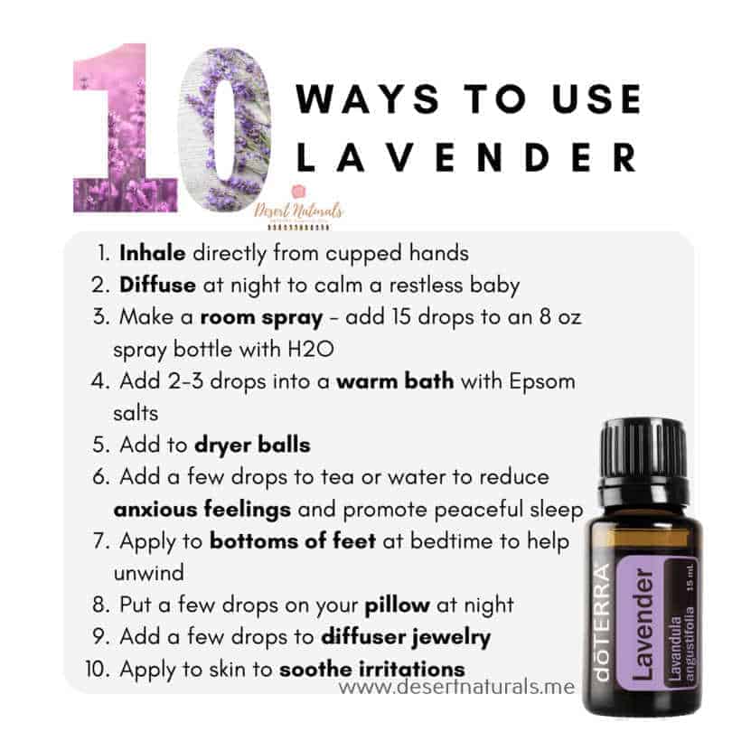 15ml bottle of doTERRA Lavender essential oil with a list of 10 ways to use it