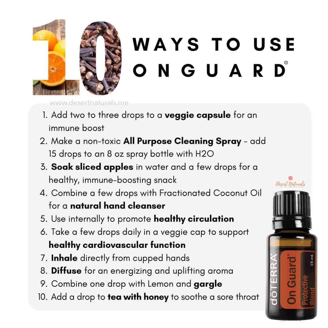 a list of 10 ways to use doterra on guard and a bottle of essential oil