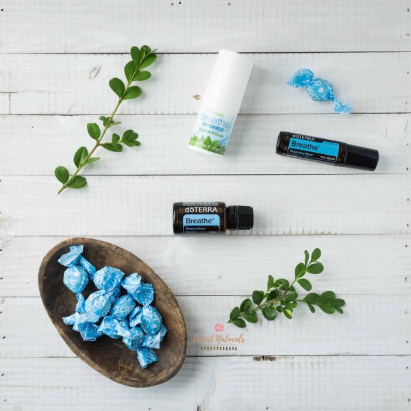 The doTERRA Breathe products collection include lozenges, a vapor rub, a roller and the bottle of essential oil