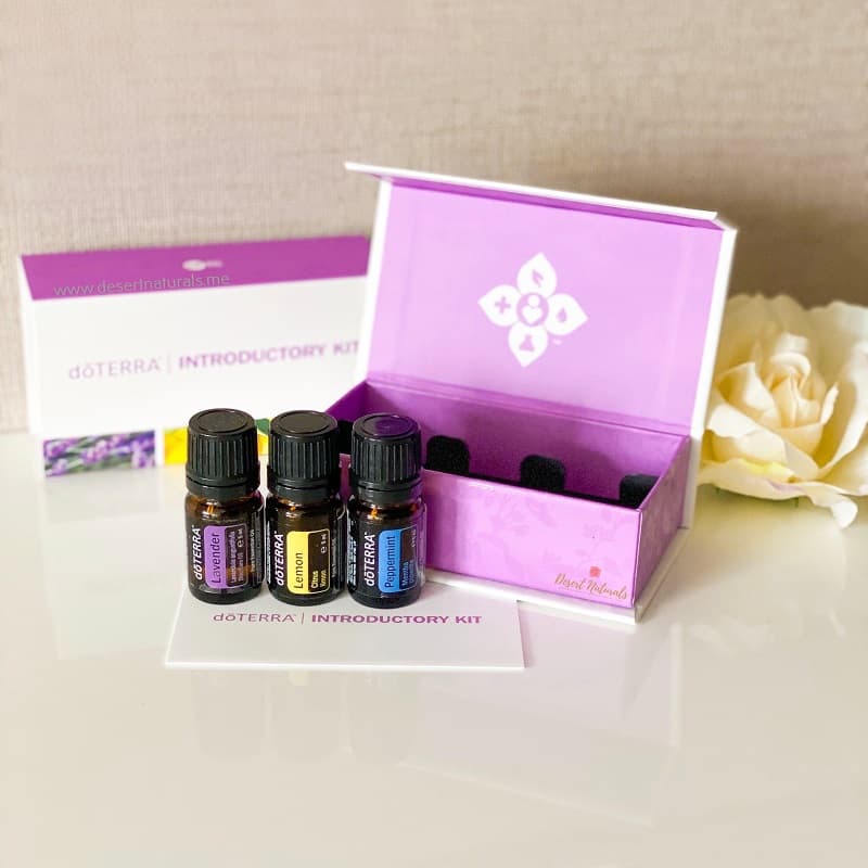doterra lavender essential oil, lemon and peppermint essential oil in the intro kit box