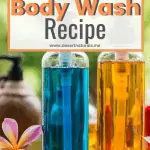 colorful bottles containing diy bodywash with a plumeria flower