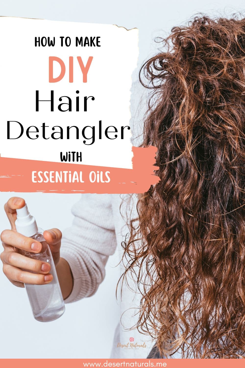 image of woman spraying diy hair detangler with essential oils into her hair