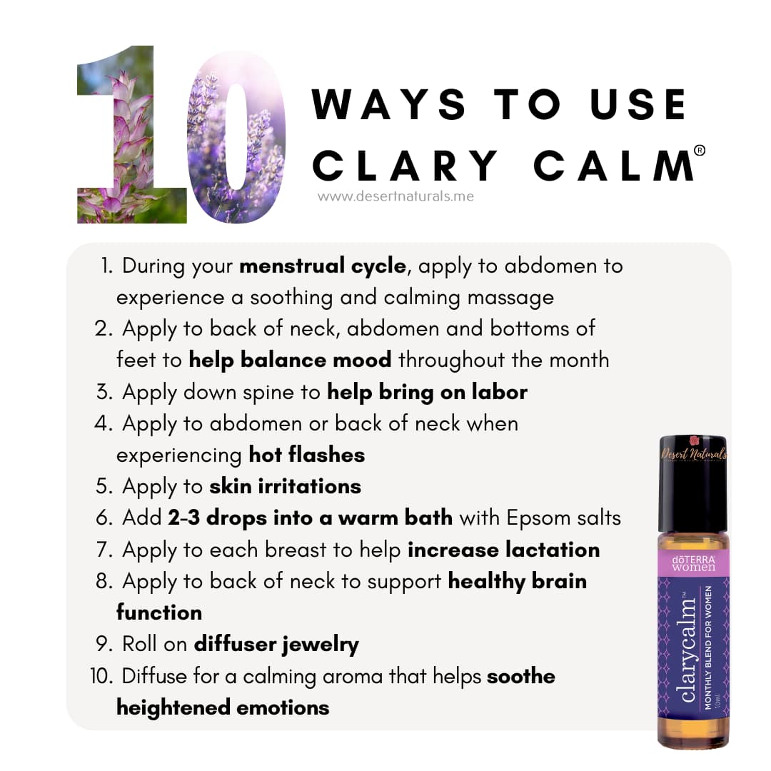 a list of 10 ways to use doTERRA Clary Calm monthly blend for women