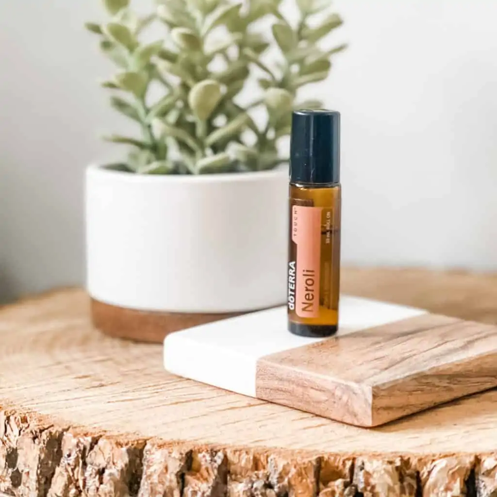 rustic wood cut ith succulent in a white planter and bottle of doterra neroli essential oil roller