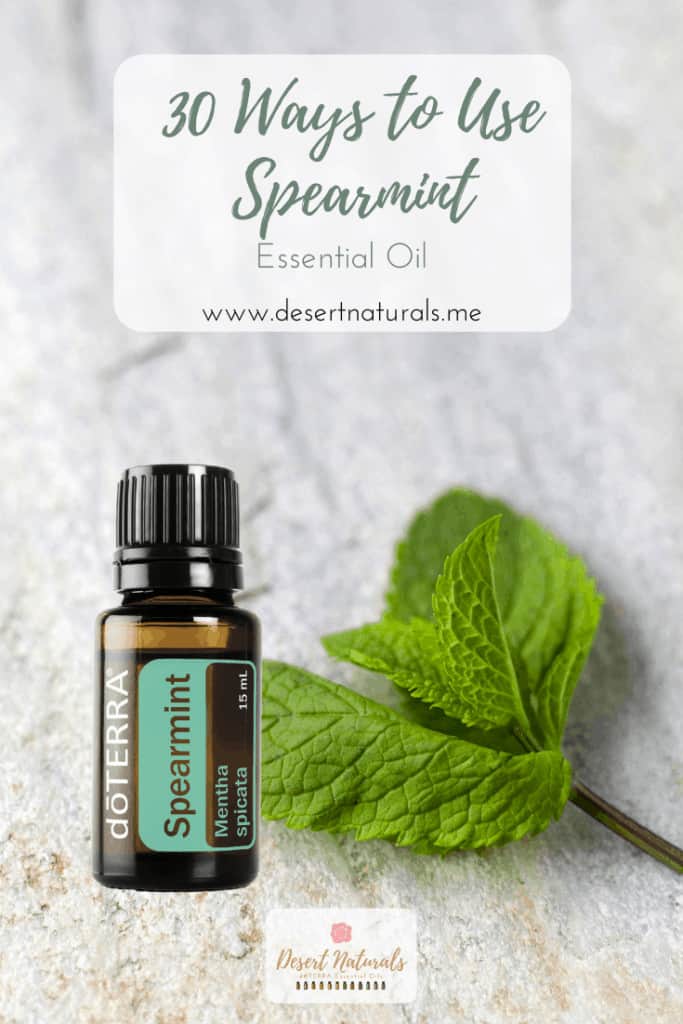 30 ways to use spearmint essential oil with bottle of doterra speamint essential oil and spearmint sprig