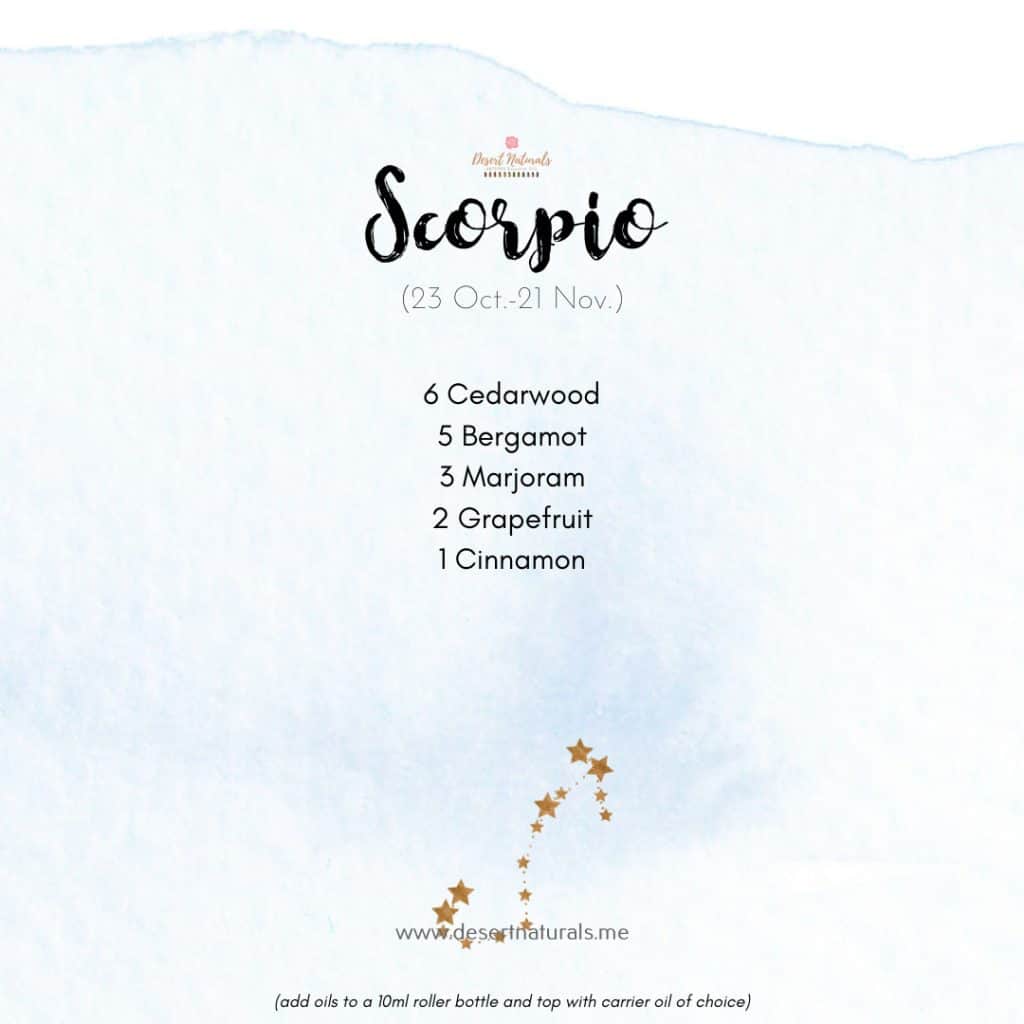 Zodiac Essential Oil Diffuser Blends 31 essential oil diffuser blend for Scorpio with star sign on a blue watercolor background