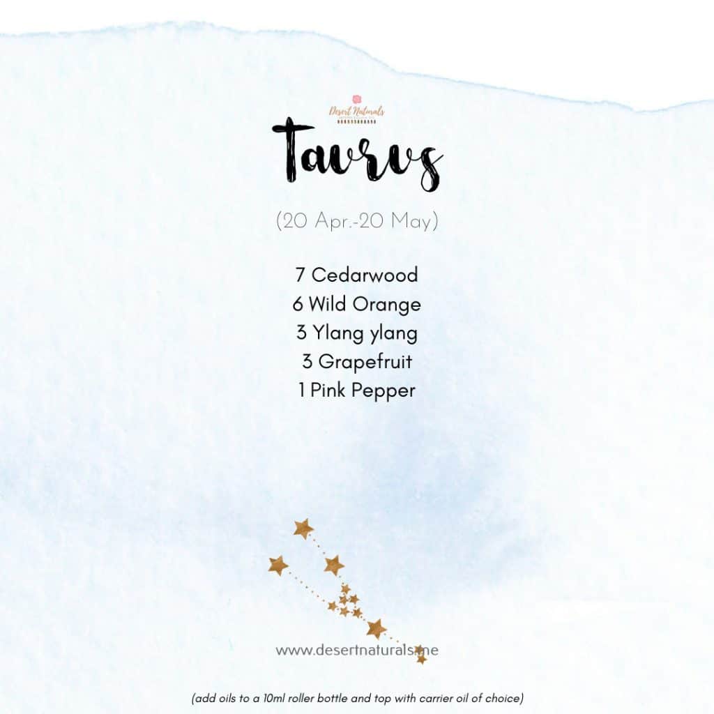 Zodiac Essential Oil Diffuser Blends 21 essential oil diffuser blend for Taurus with star sign on a blue watercolor background