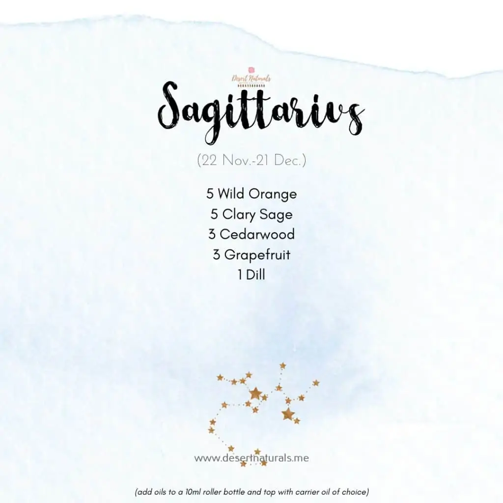 essential oil diffuser blend for Sagittarius with star sign on a blue watercolor background