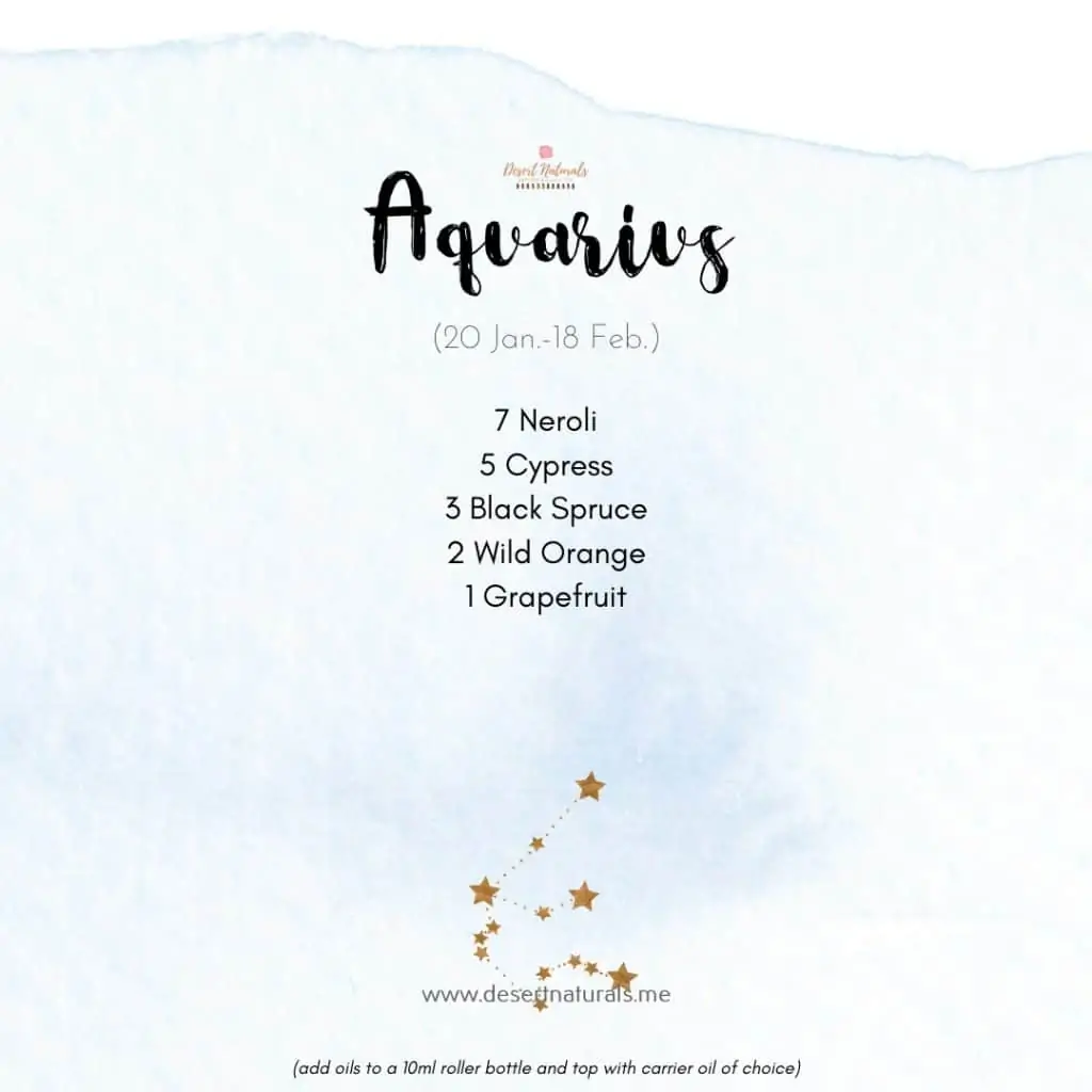 essential oil diffuser blend for Aquarius with star sign on a blue watercolor background