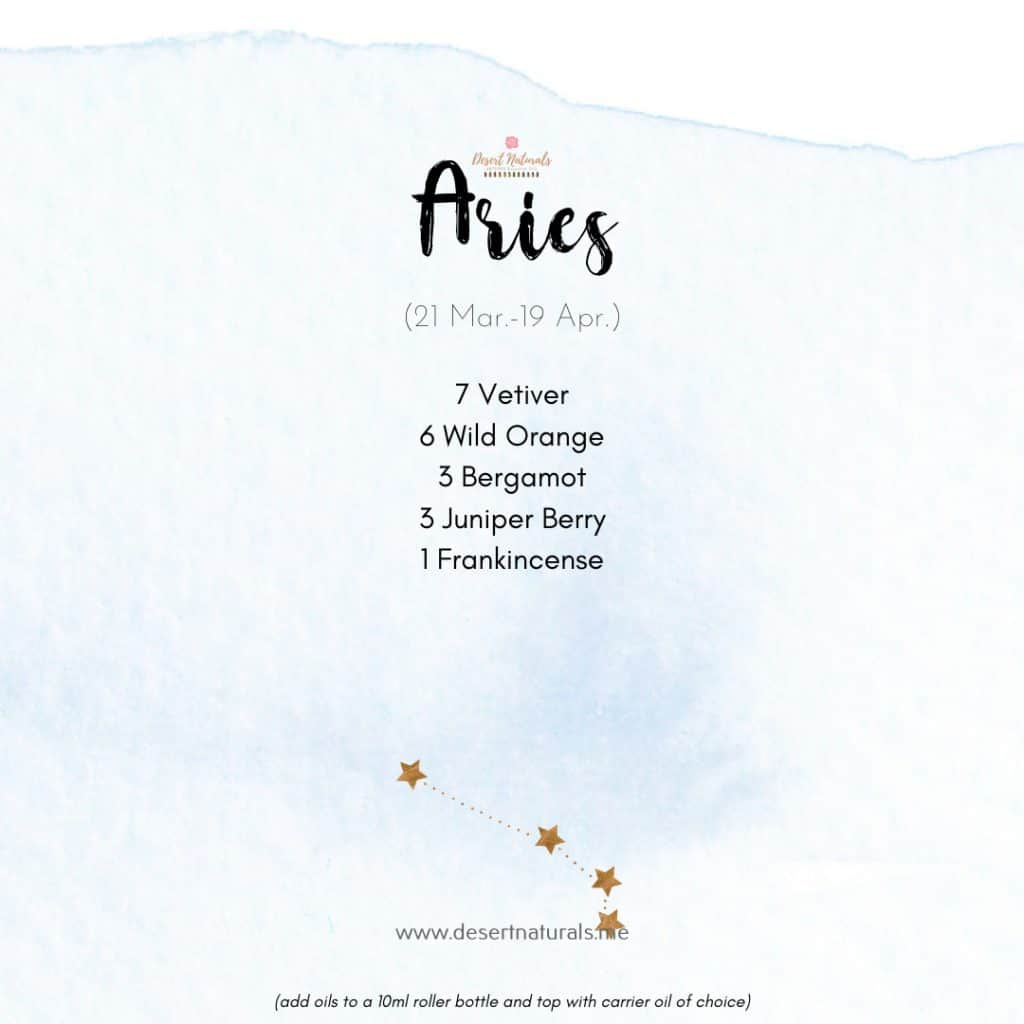 Zodiac Essential Oil Diffuser Blends 19 essential oil diffuser blend for Aries with star sign on a blue watercolor background