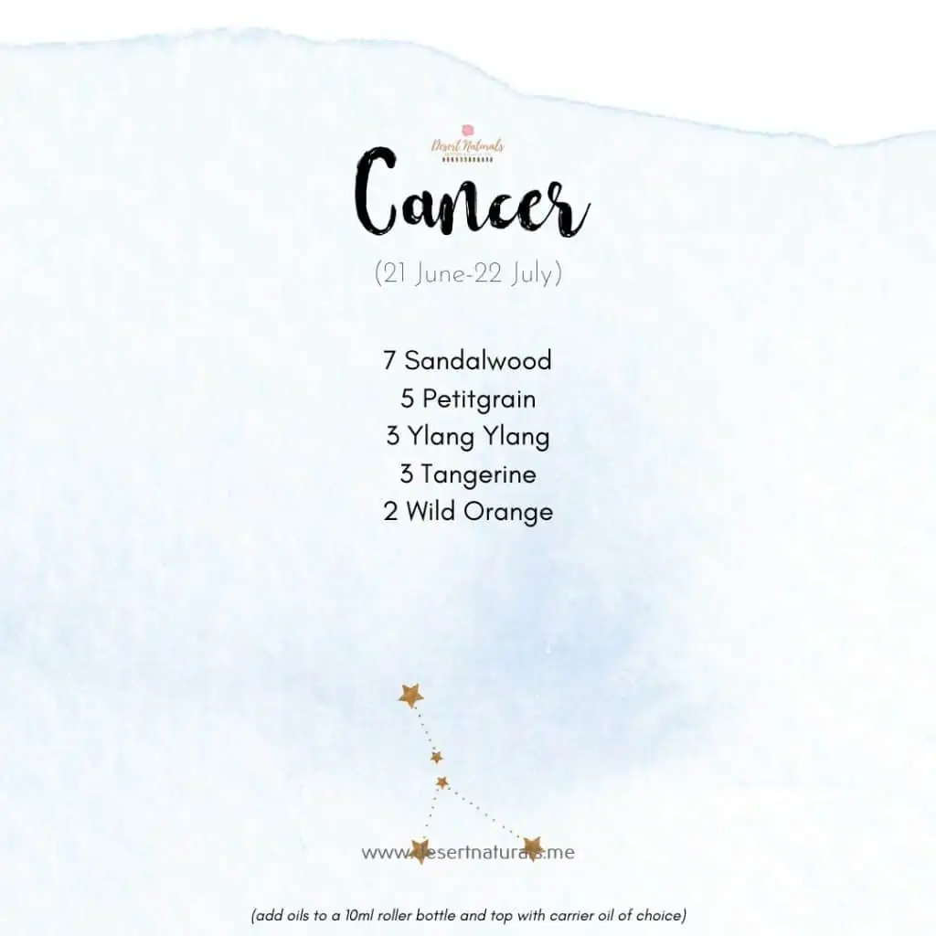 essential oil diffuser blend for Cancer with star sign on a blue watercolor background