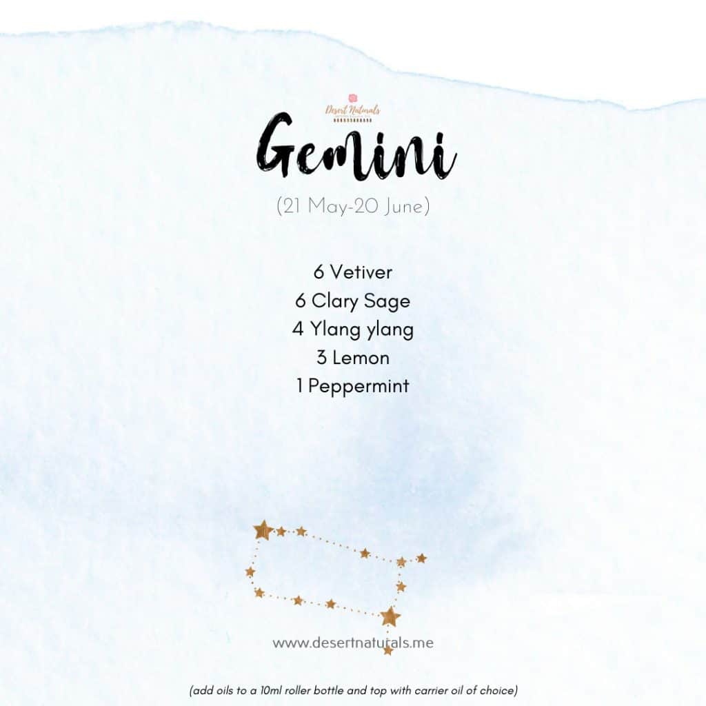 Zodiac Essential Oil Diffuser Blends 23 essential oil diffuser blend for Gemini with star sign on a blue watercolor background