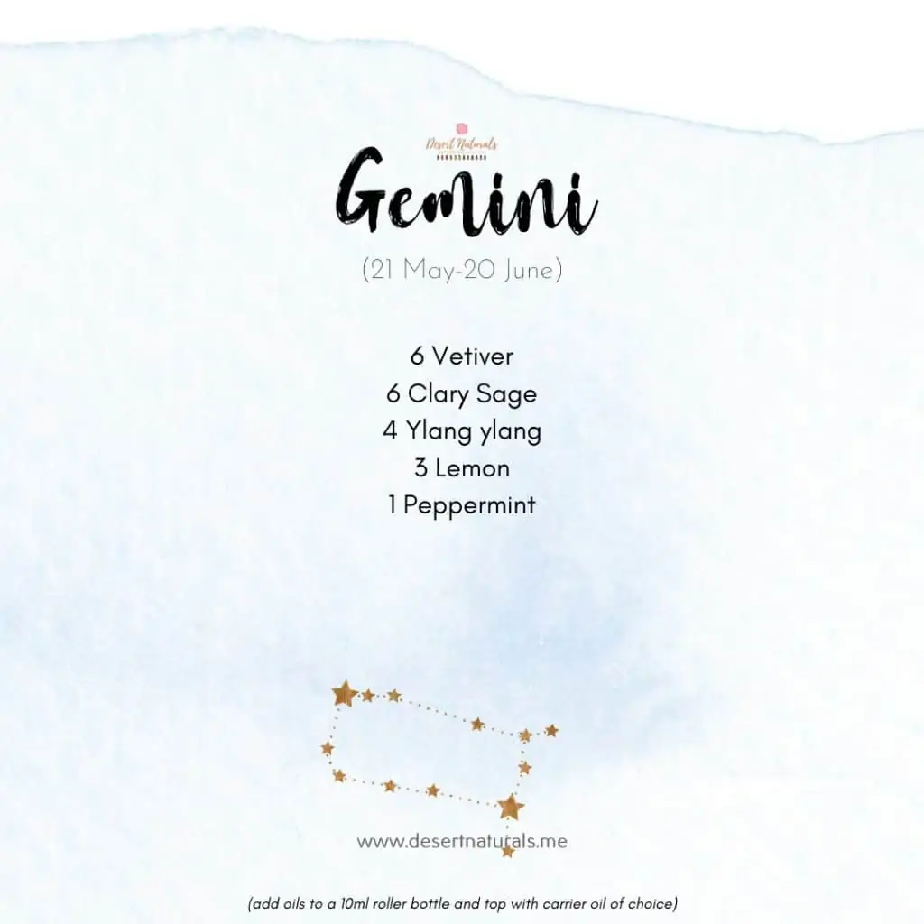 essential oil diffuser blend for Gemini with star sign on a blue watercolor background