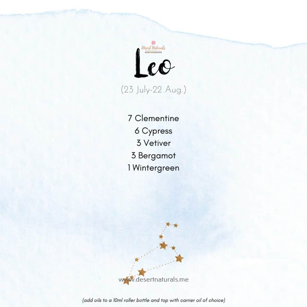 Zodiac Essential Oil Diffuser Blends 27 essential oil diffuser blend for Leo with star sign on a blue watercolor background