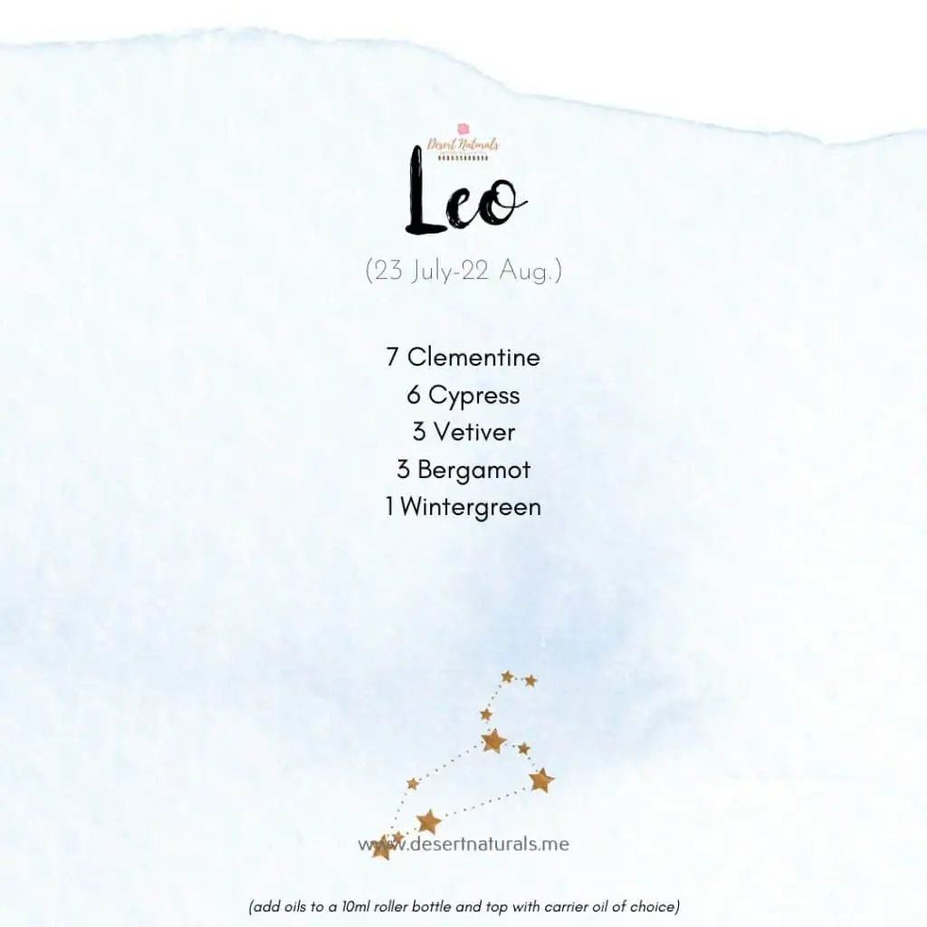 essential oil diffuser blend for Leo with star sign on a blue watercolor background