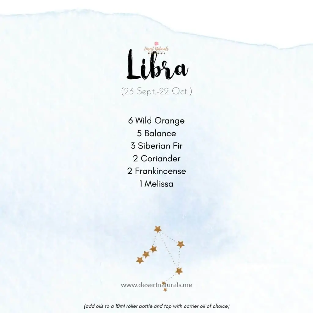 essential oil diffuser blend for Libra with star sign on a blue watercolor background