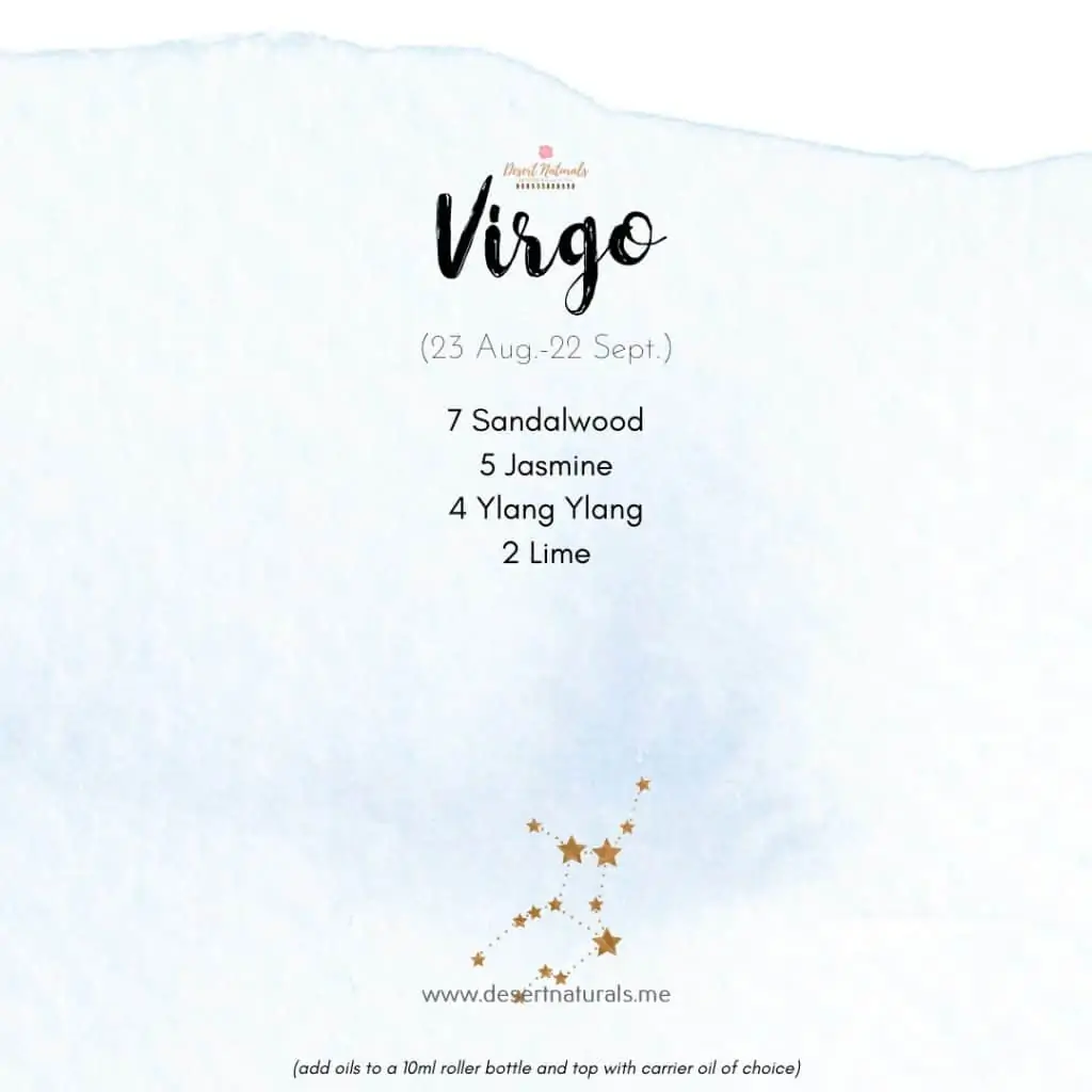 Essential Oil diffuser blend for the zodiac sign virgo with the star sign and a blue watercolor background