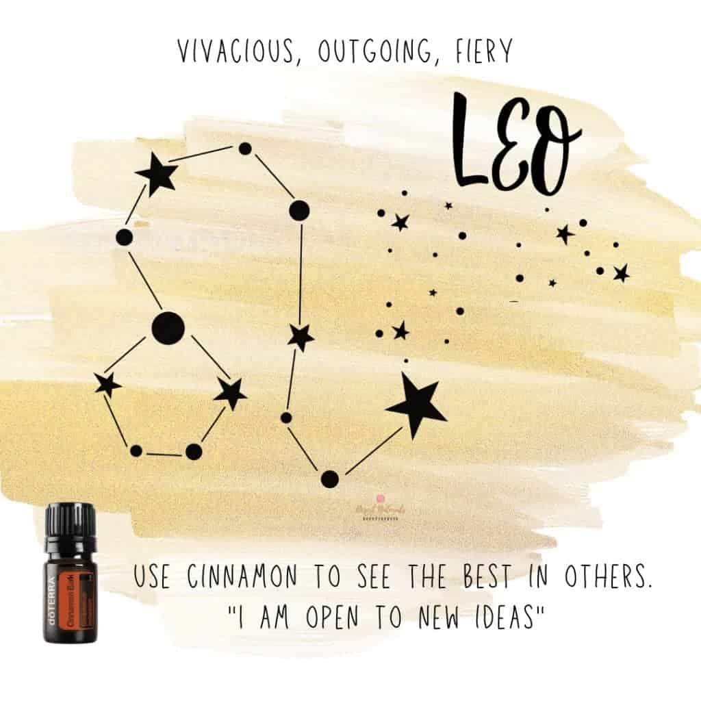 Zodiac Essential Oil Diffuser Blends 26 Zodiac Sign Leo with a bottle of doTERRA Cinnamon Essential Oil with star sign on a tan watercolor background