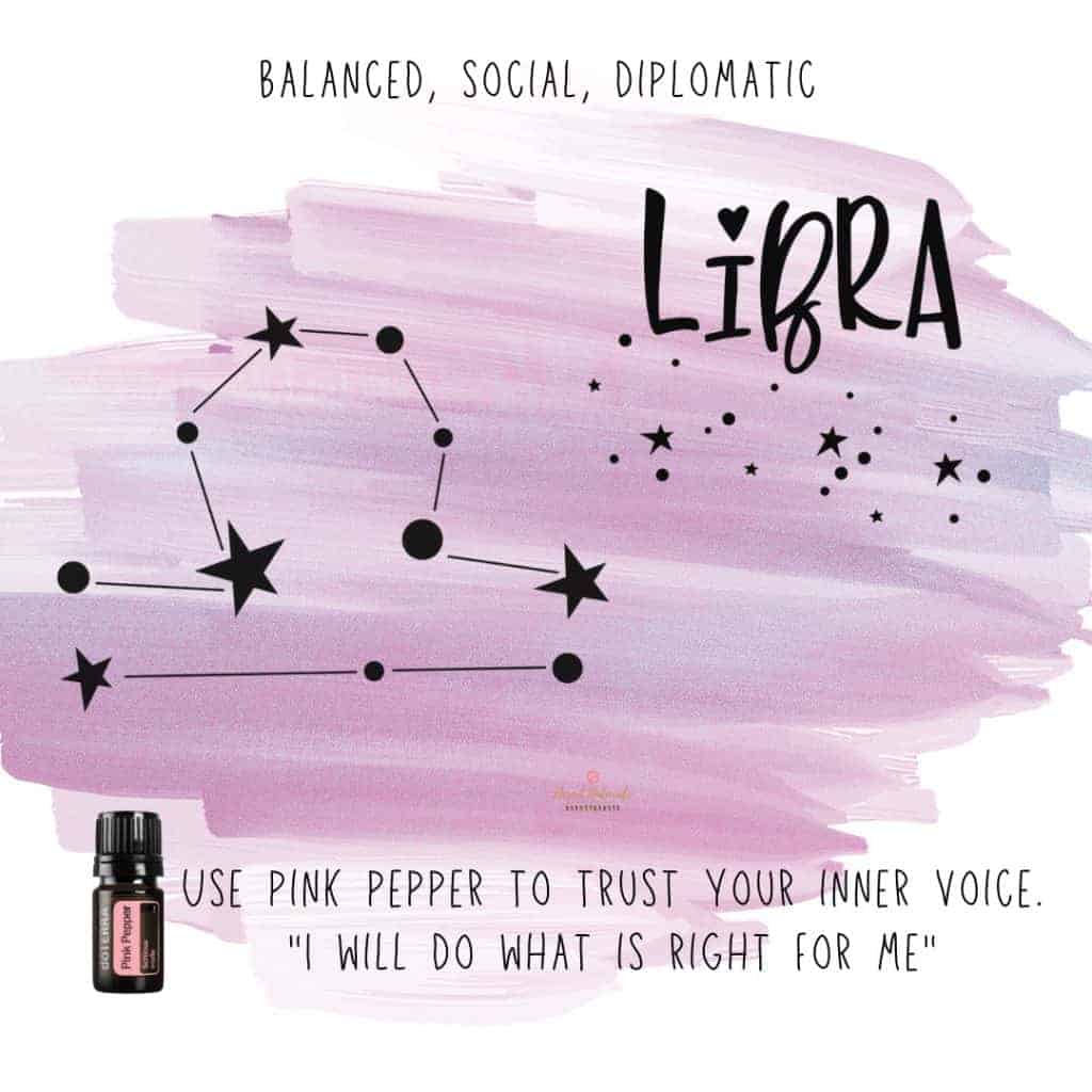 Zodiac Essential Oil Diffuser Blends 28 Zodiac Sign Libra with a bottle of doTERRA Pin Pepper Essential Oil and star sign on a purple watercolor background