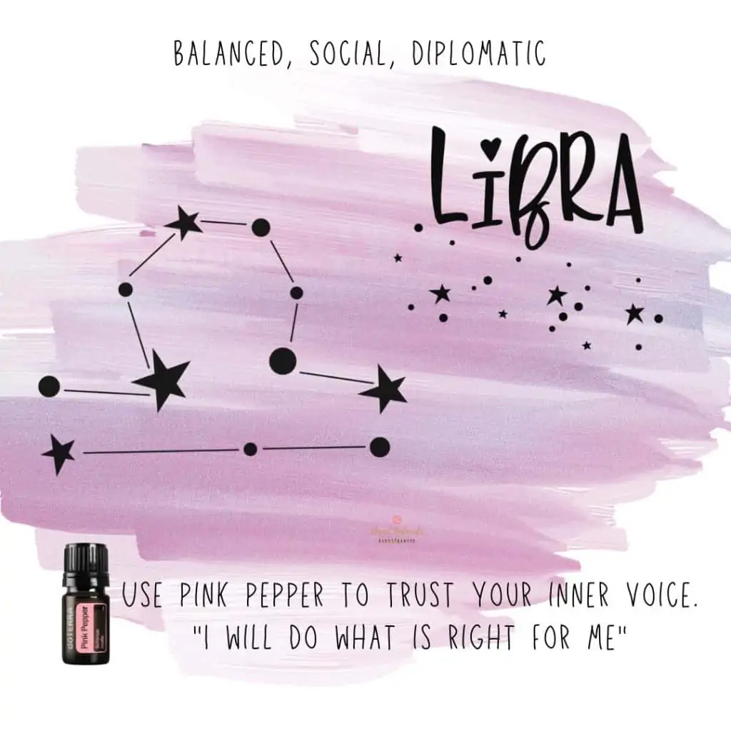Zodiac Sign Libra with a bottle of doTERRA Pin Pepper Essential Oil and star sign on a purple watercolor background