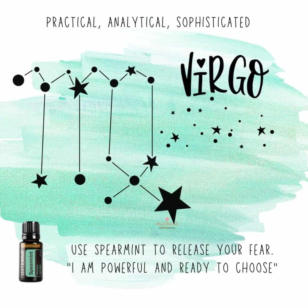 Zodiac Essential Oil Diffuser Blends 34 Zodiac Sign Virgo with a bottle of doTERRA Spearmint Essential Oil with star sign on an aqua watercolor background