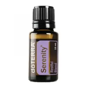 white background with bottle of doterra serenity essential oil blend