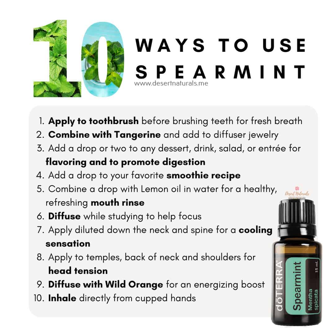a list of 10 ways to use doterra spearmint essentia oil with a bottle of the oil