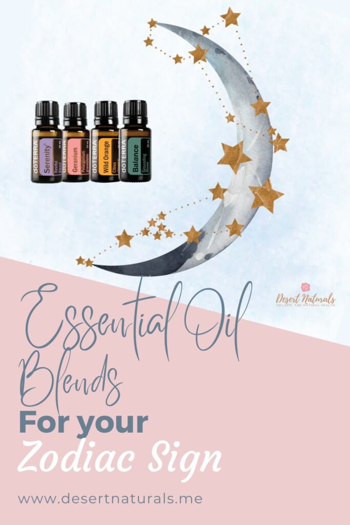 Zodiac Essential Oil Diffuser Blends 42 drawing of moon with stars and bottles of doterra essential oils with text essential oil blends for your zodiac sign
