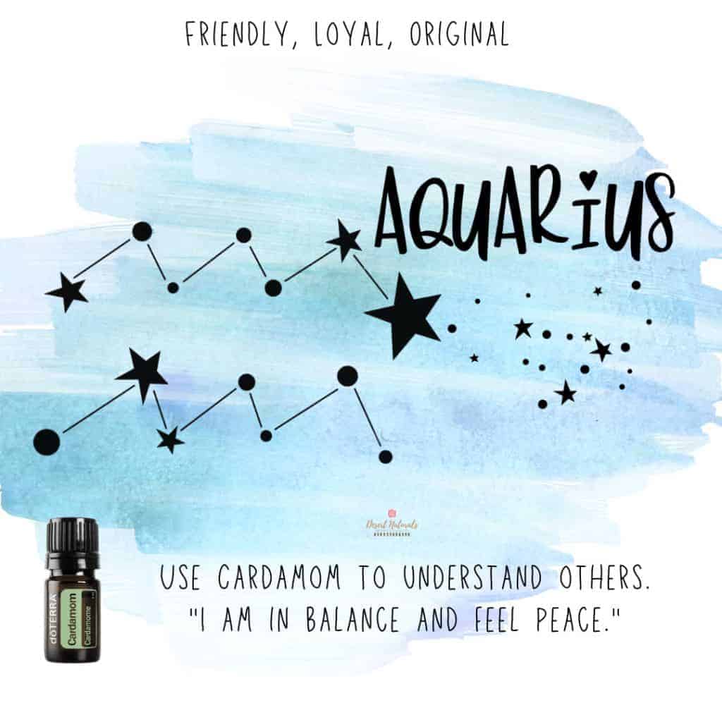 Zodiac Essential Oil Diffuser Blends 32 Zodiac Sign Aquarius with a bottle of doTERRA Cardamom Essential Oil with star sign on a blue watercolor background