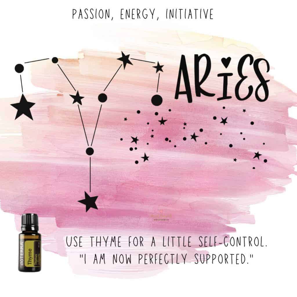 Zodiac Essential Oil Diffuser Blends 18 Zodiac Sign Aries with a bottle of doTERRA Thyme Essential Oil with star sign on a purple watercolor background