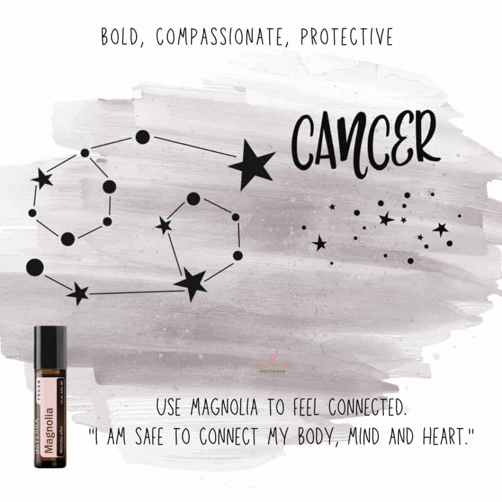 Zodiac Essential Oil Diffuser Blends 24 Zodiac Sign Cancer with a bottle of doTERRA Magnolia Essential Oil with star sign on a purple watercolor background
