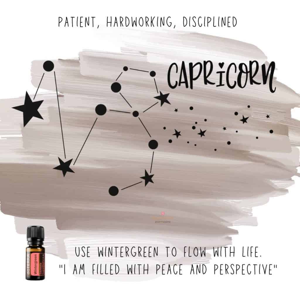 Zodiac Essential Oil Diffuser Blends 38 Zodiac Sign Capricorn with a bottle of doTERRA Wintergreen Essential Oil with star sign on a brown watercolor background