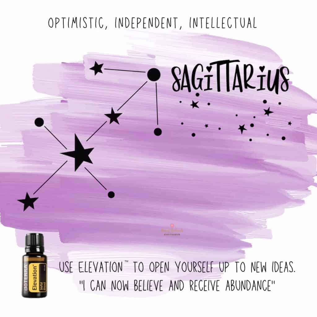 Zodiac Essential Oil Diffuser Blends 36 Zodiac Sign Sagittarius with a bottle of doTERRA Elevation Essential Oil with star sign on a purple watercolor background