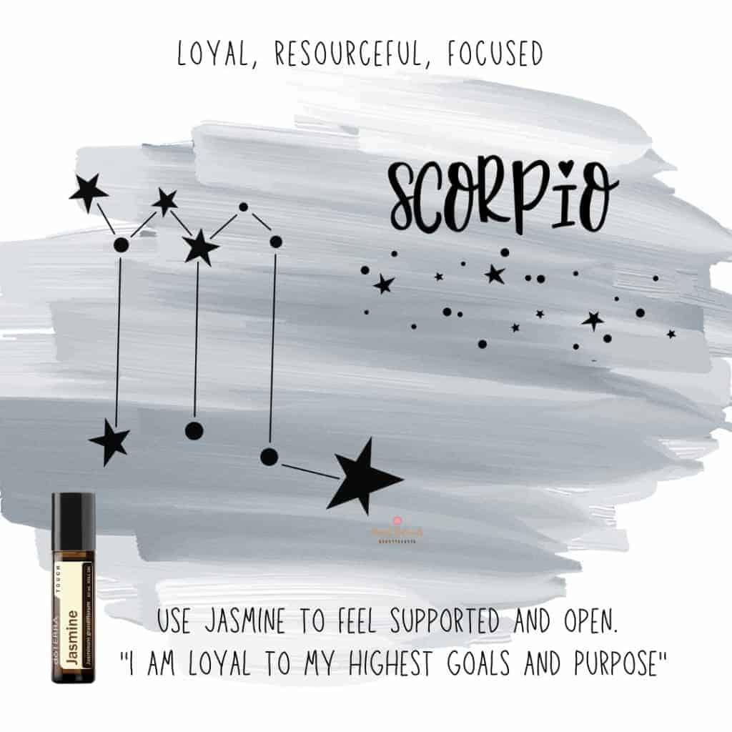 Zodiac Essential Oil Diffuser Blends 30 Zodiac Sign Scorpio with a bottle of doTERRA Jasmine Essential Oil with star sign on a grey watercolor background