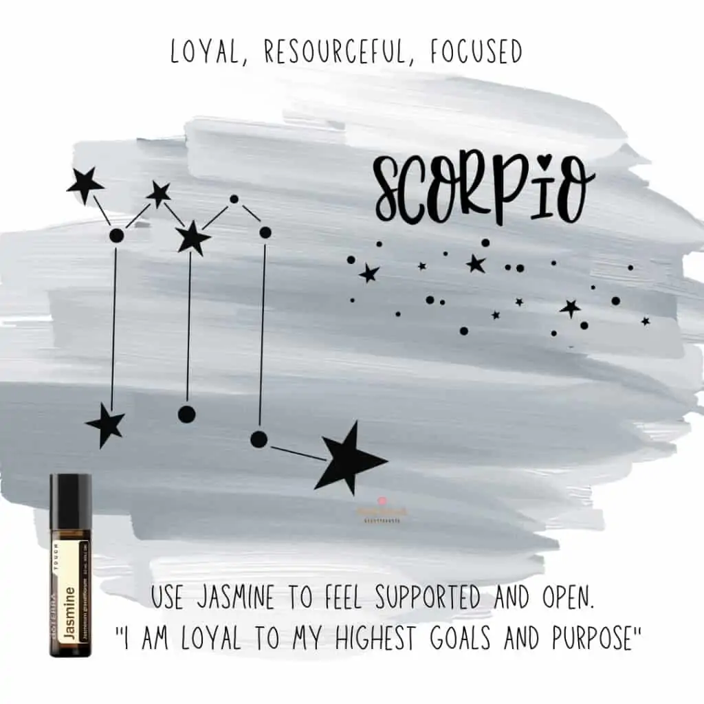 Zodiac Sign Scorpio with a bottle of doTERRA Jasmine Essential Oil with star sign on a grey watercolor background