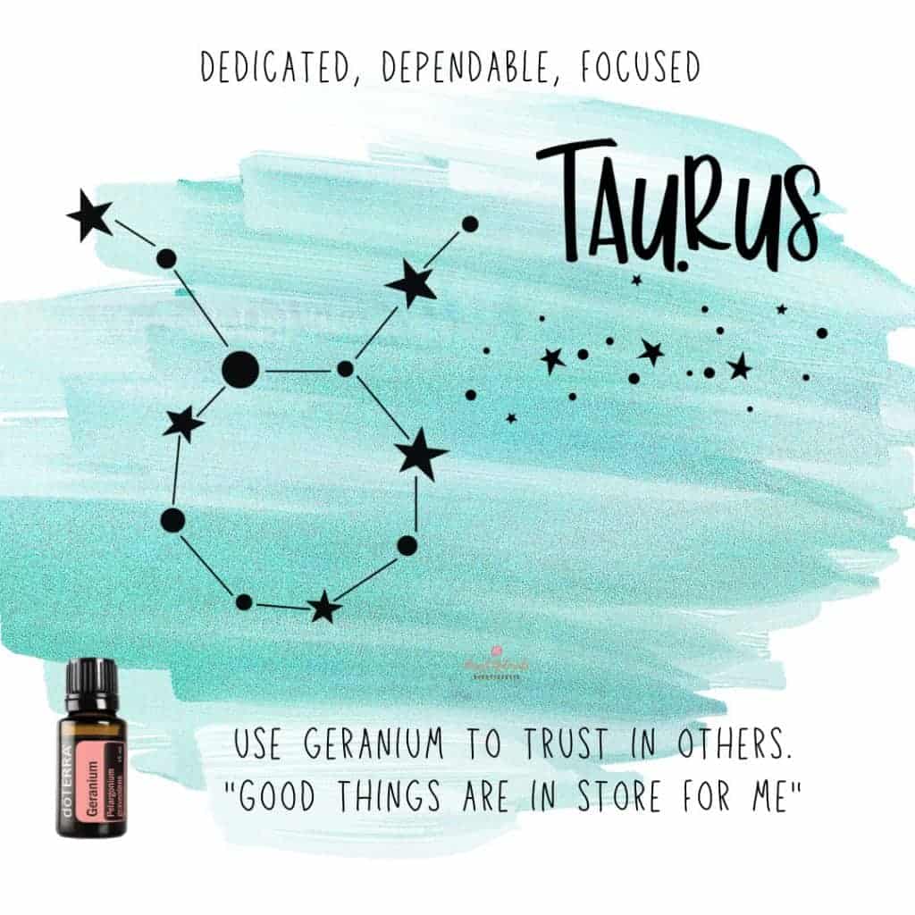 Zodiac Essential Oil Diffuser Blends 20 Zodiac Sign Taurus with a bottle of doTERRA Thyme Essential Oil with star sign on a blue watercolor background