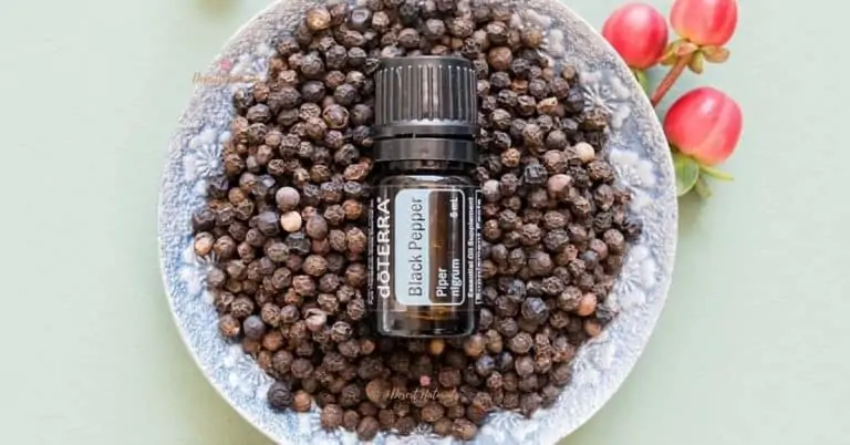 Bottle of doTERRA Black Pepper Essential oil in a bowl of black peppercorns
