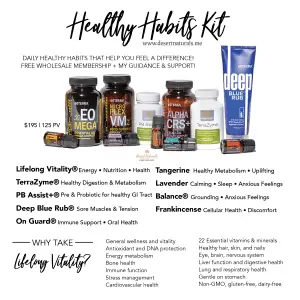 the doterra healthy habits kit contains natural supplements like the popular LLV, deep blue, and 5 popular essential oils