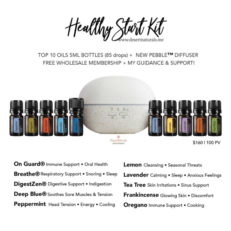 the doTERRA healthy start kit has 10 of the most popular essential oils, plus a diffuser and a free wholesale membership to save 25%