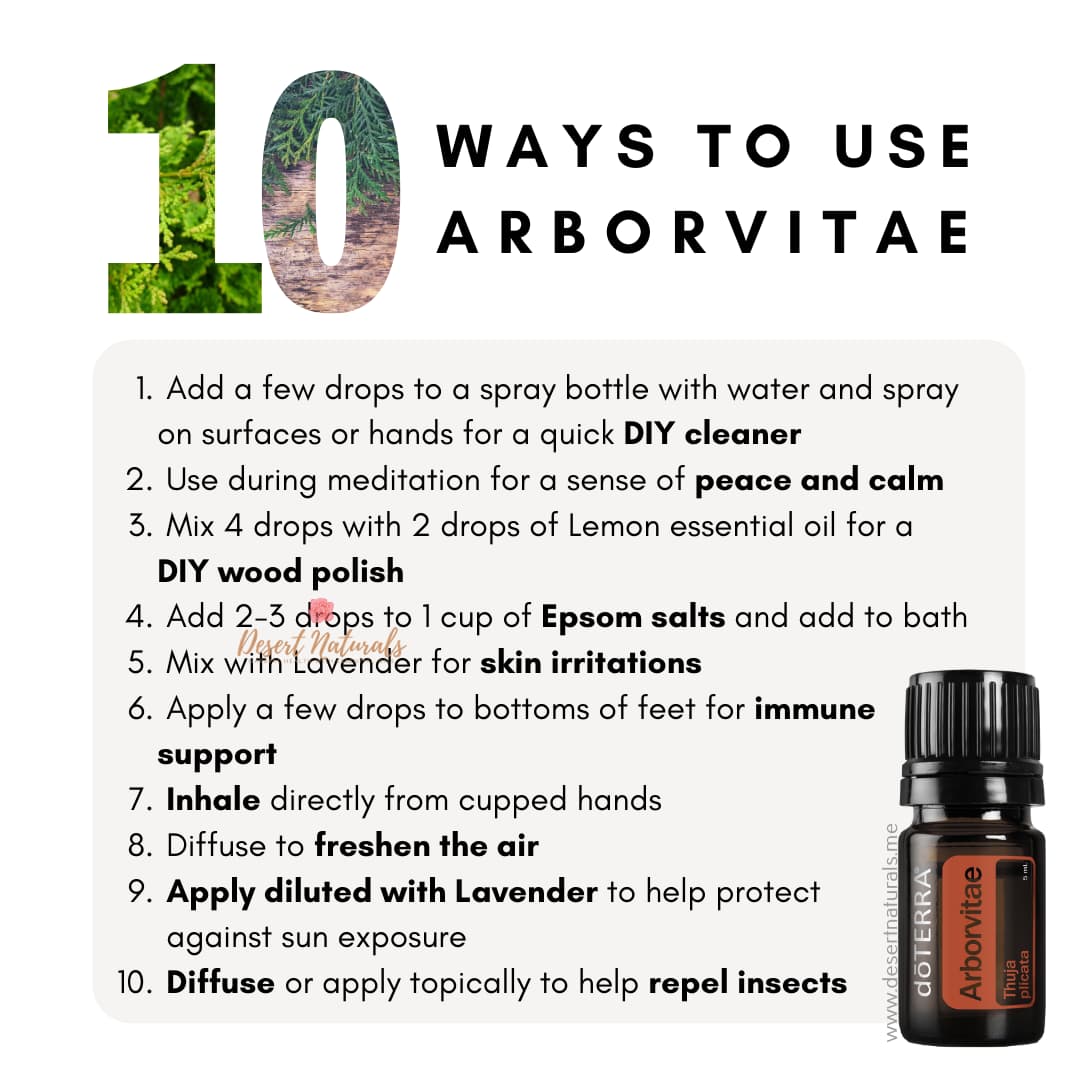 white background with bottle of doterra arborvitae and a list of 10 ways to use the essential oil