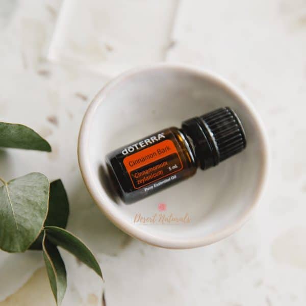 bottle of doterra cinnamon essential oil in white bowl with sprig of eucalyptus