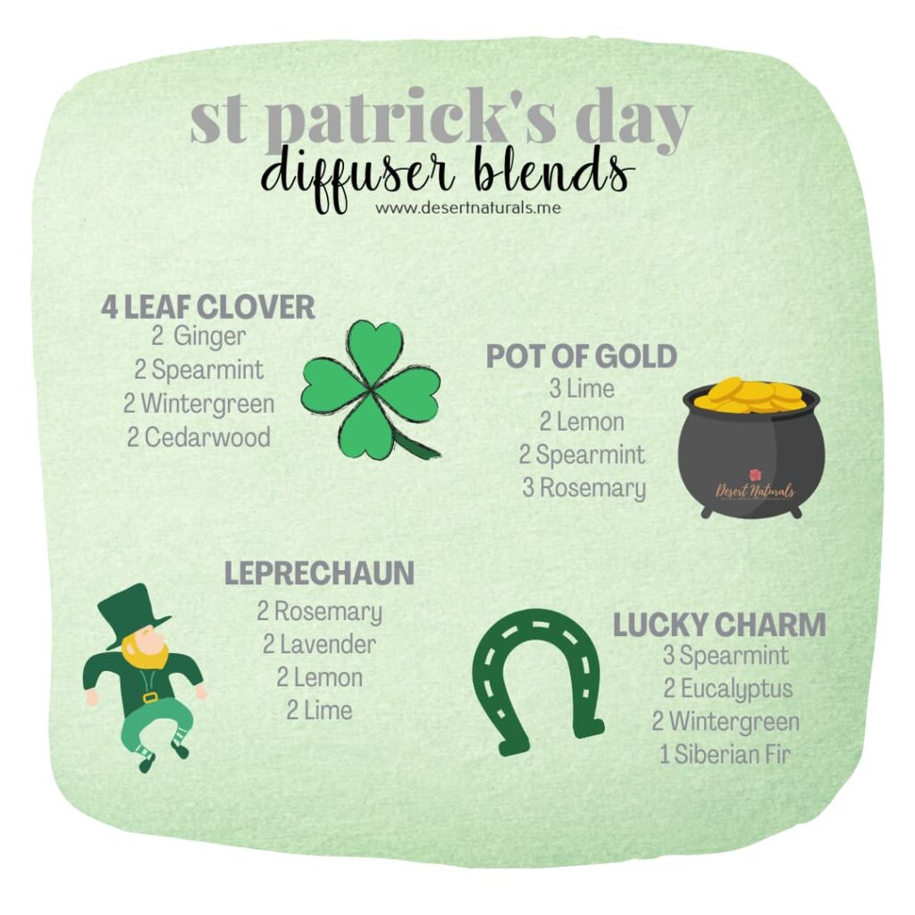 st patricks theme with leprechaun, shamrock, pot of gold and 4  essential oil diffuser blends