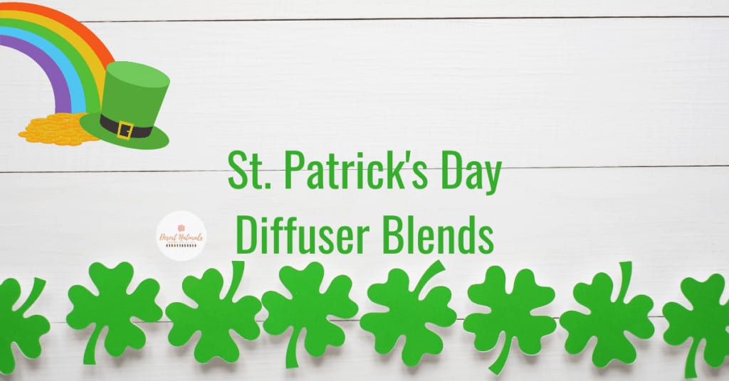 Essentil Oil Diffuser Blends for St. Patrick's Day with 4 leaf clover and rainbow with pot of gold