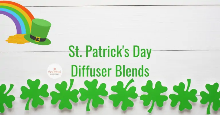 Essentil Oil Diffuser Blends for St. Patrick's Day with 4 leaf clover and rainbow with pot of gold